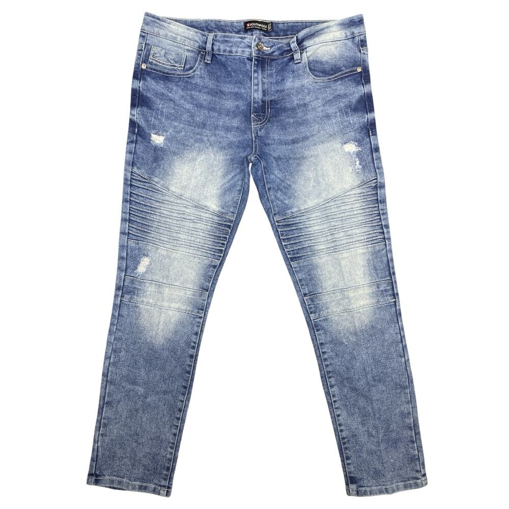 Southpole Skinny Moto Jeans Men’s 36x30 Blue Distressed Ribbed Biker Denim